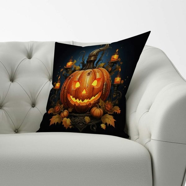 Warren Reed Spooy Pumpkin With Leaves And Small Candles Cushions