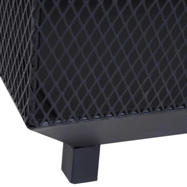 Close-up of black fire pit front leg and lower mesh panel