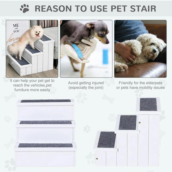 White 3-step pet stairs with dark non-slip carpet treads on each step