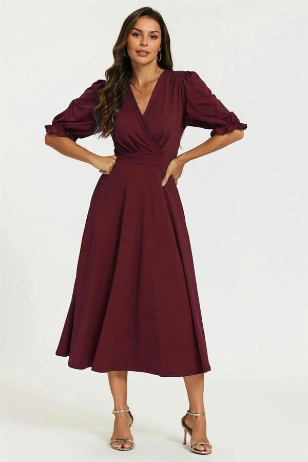 FS Collection Half Sleeves Jersey Midi Dress with Wrap Neckline In Wine