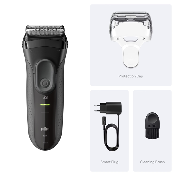 Braun Series 3+ 3000S Electric Shaver, Dry - Grey