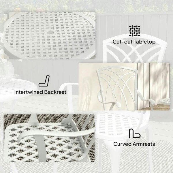 3 Pieces Garden Bistro Set, Cast Aluminium Outdoor Dining Set with 2 Chairs and Round Table with Parasol Hole, White