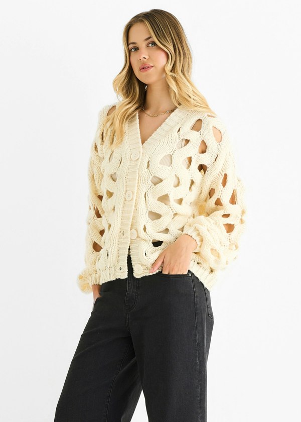 Gini London Cream Hollow Chunky Knit Cardigan