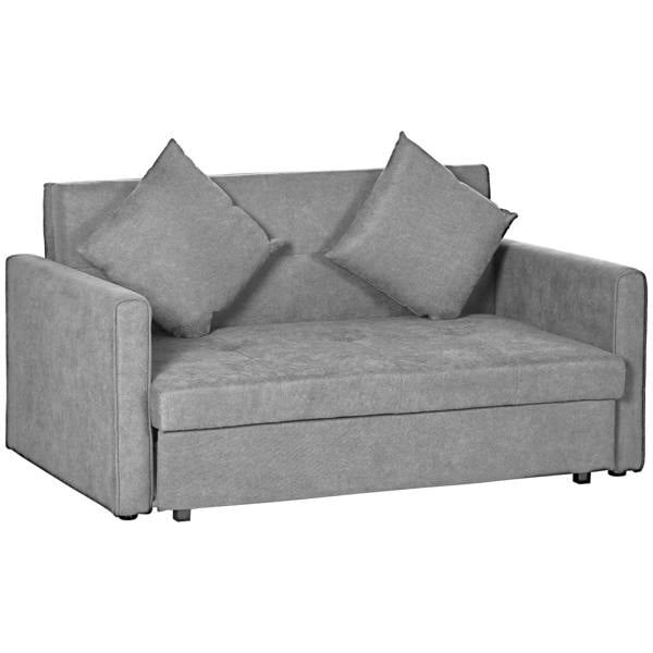Light grey fabric two-seater sofa bed with storage, tufted cushions and armrests