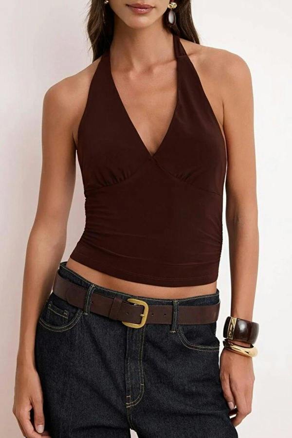 WOVCOR Halter Neck Patterned Fitted Crop Knit Blouse