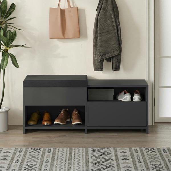 Decortie Modern Filux Shoe Bench Rack Sliding Fabric Seat and 120.3(W) Storage Cabinet 2-Tier Open Shelves Hallway