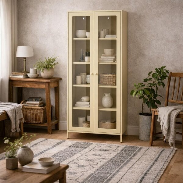 Wyld Haus Barla Beige Cream Steel Metal Display Cabinet 2 Glass Doors