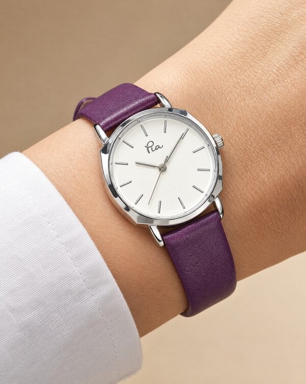 Pia Purple Leather Watch, Silver-Tone Round Case, Quartz Analogue