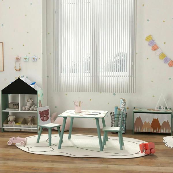 Green kids table and chairs set with bear backrest chairs in a small room