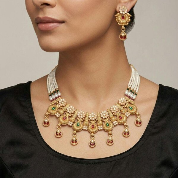 The Colourful Aura Gold Antique Kundan Paisley Choker Necklace Set with Pearl Chain and Earrings