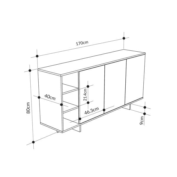 Decortie Sideboard Cabinet 170x80cm 3-doors Push-to-open Storage Console 3 Open Compartments for Living Room