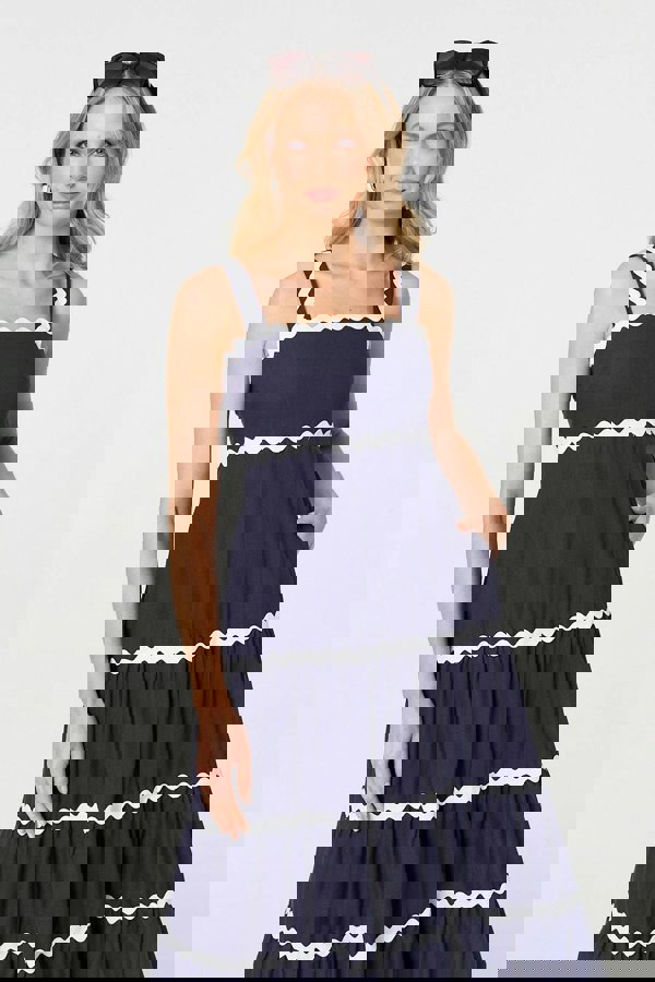 Navy | Zig Zag Trim Sleeveless Tiered Midi Dress
