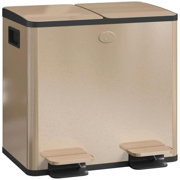 Gold tone dual-compartment stainless steel pedal bin with two lids and deodoriser holders