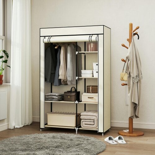 HOMCOM Fabric Wardrobe w/ Shelves Hanging Rail Foldable Closets - Cream