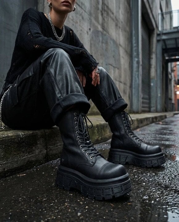 Windsorsmuth Screaming - Women's Black Mid-Calf Leather Platform Boots