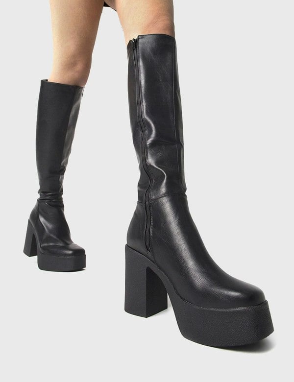 Lamoda Slick Nicks Platform Knee High Boots Black PU, Trendy Tall Heel Boots