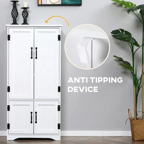 White cabinet with anti-tip bracket near top and black door handles