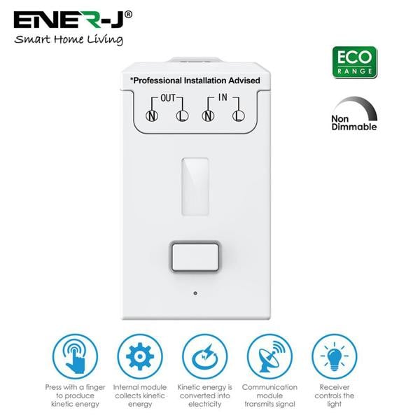 ENER-J 1 Gang Wireless Kinetic Switch, Black + 500W RF Receiver