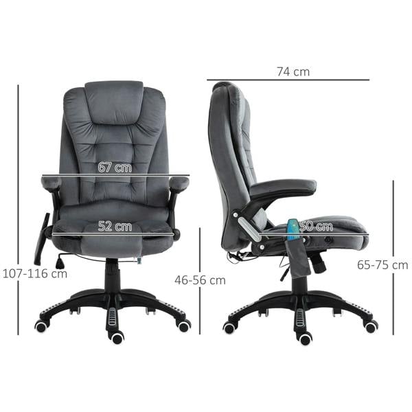 Grey massage recliner office chair with front and side measurements on a diagram