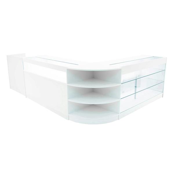 Hyperion LED Shop Counter Set in white, featuring sleek design, glass shelves, and a modern curved shape for retail displays