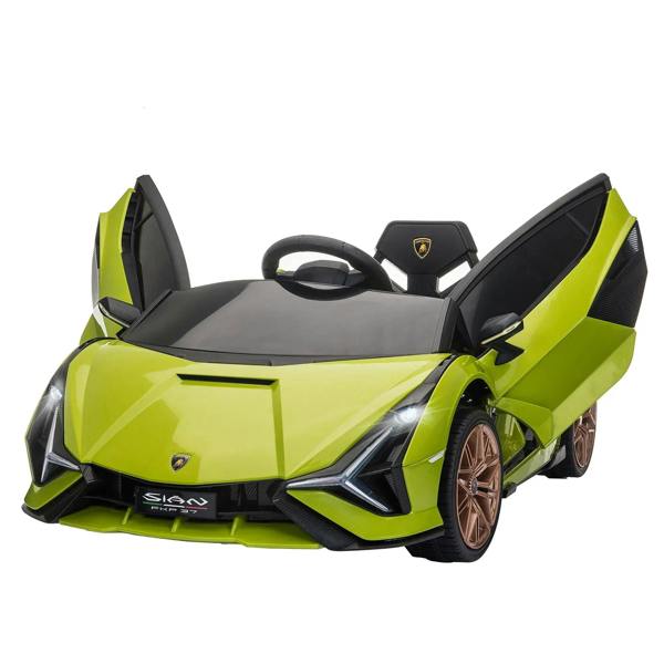 Green ride-on electric toy car with black seats and Lamborghini Sian styling, front 3/4