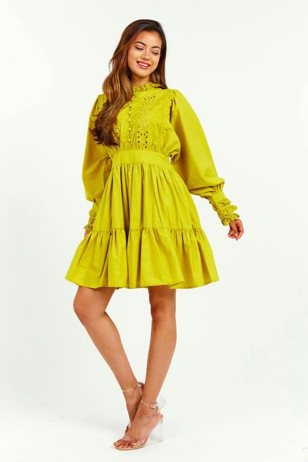 LuvForever Mustard Embroidered Ruffle Mini Dress