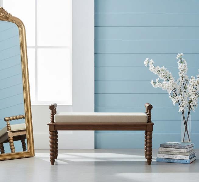 Artisan Furniture Solid Wood Spindle Amber Linen Bench