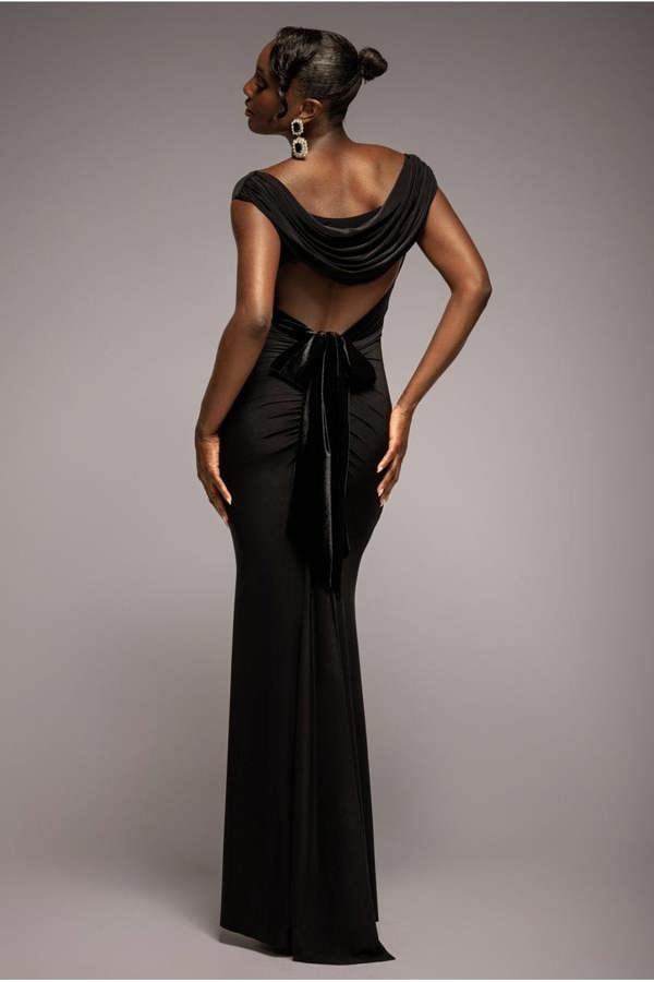 Open Back Cowl Neck Gathered Maxi Dress With Velvet Tie Back - Black DR4856