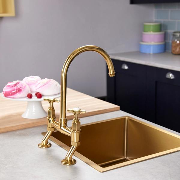 Flode Larvik | Kitchen Crosshead Bridge Mixer Tap | Polished Brass Finish
