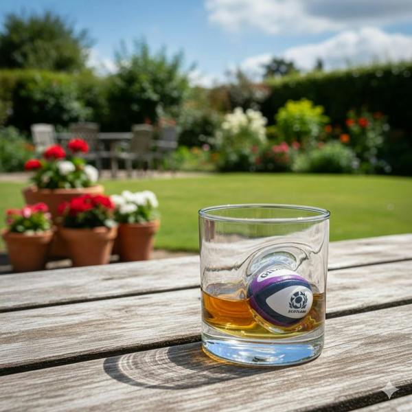 A 12oz whisky glass filled with amber-coloured spirit, featuring a small, detailed Scottish rugby ball pressed into the side of the glass. The glass sits on a wooden garden table with a blurred background of a green garden and red flowers.