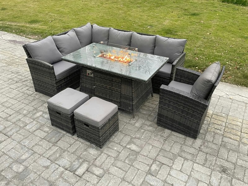Fimous 9-Seater Rattan High Back Corner Sofa Dining Set | Gas Fire Pit Table & Heater, Armchair, 2 Footstools | Dark Grey