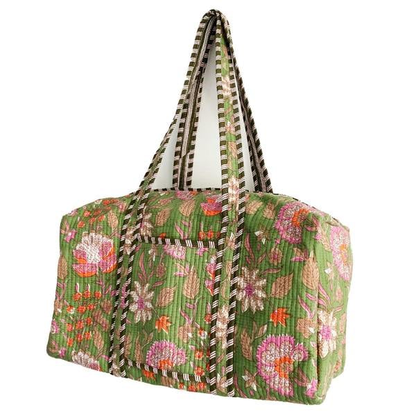 Hayley & Co Green Floral Block Print Cotton Quilted Weekend Duffle Bag
