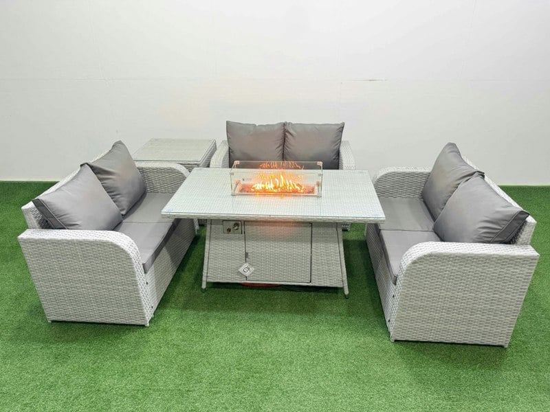 Fimous 6 Seater PE Wicker Rattan Furniture Sofa Sets with Fire Pit Dining Table 2 Seater Love Sofa Side Table Light Grey