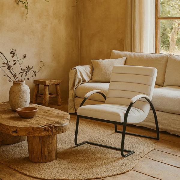 Wyld Haus Soft Cream Ribbed Boucle and Black Metal Accent Chair
