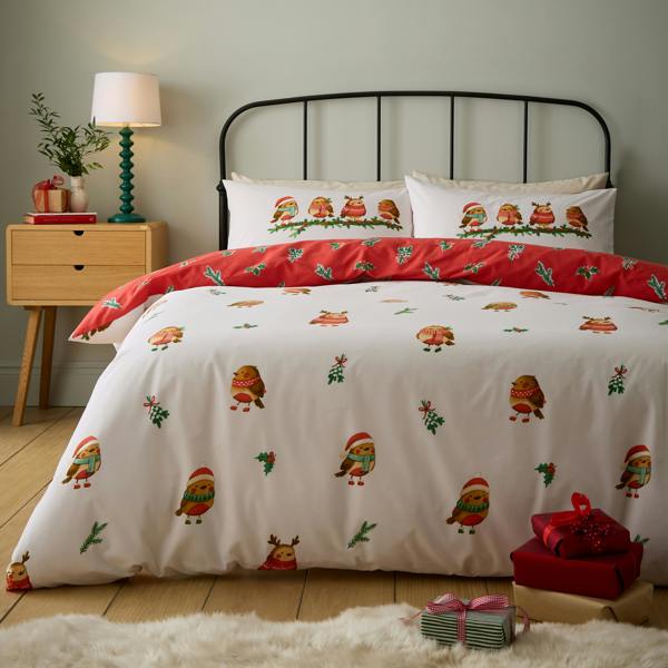 Catherine Lansfield Christmas Robins Reversible Duvet Cover Set Red