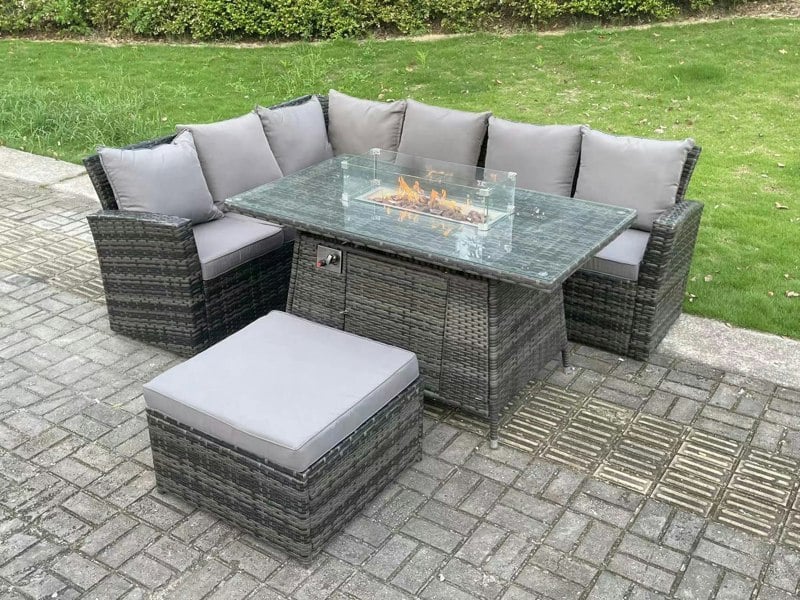 Fimous 7 Seater?Outdoor High Back Rattan Gas Fire Pit Corner Sofa Dining Set Garden Furniture Heater Dining Table Dark Grey Mixed Left Side