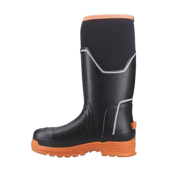 Muck Boots MUCK Boots GRIT S5 Womens Tall Safety Composite Toe/Midsole Wellie, a black and orange waterproof safety boot with a slip-resistant sole and protective toe cap.