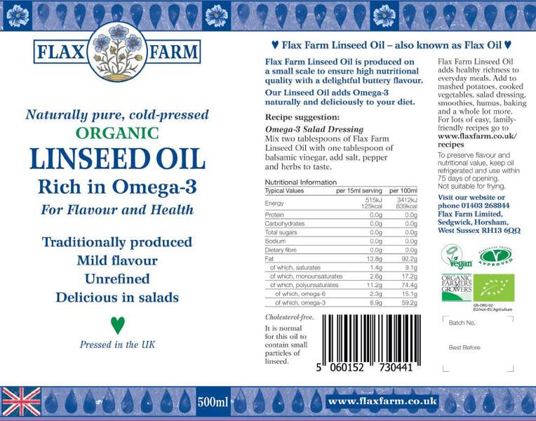 Flax Farm cold-pressed organic flaxseed oil label