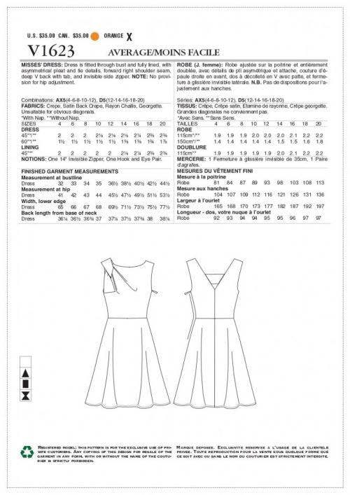 Vogue Sewing Pattern 1623, Dresses for Women, AX5 (4-6-8-10-12) - Intermediate