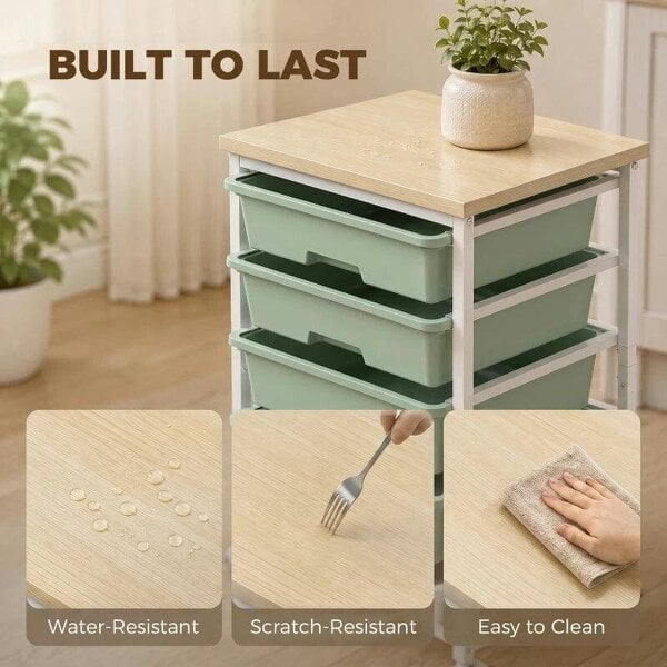 6-Tier Storage Trolley on Wheels, Metal Kitchen Rolling Cart with 5 Pull-Out Drawers, Green