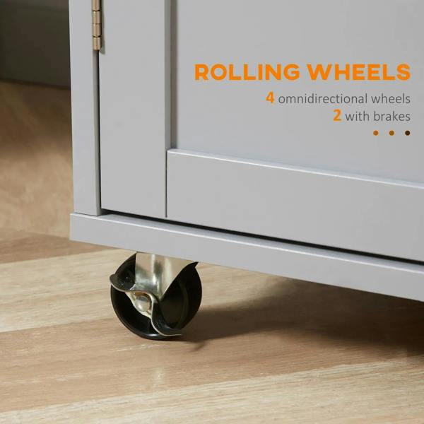 Grey rolling cart caster wheel with brake for easy mobility.