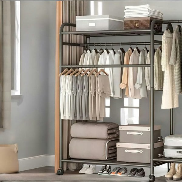 Rafaelo Mobilia Heavy Duty Metal Clothes Rail Open Wardrobe With Storage Shelves Black