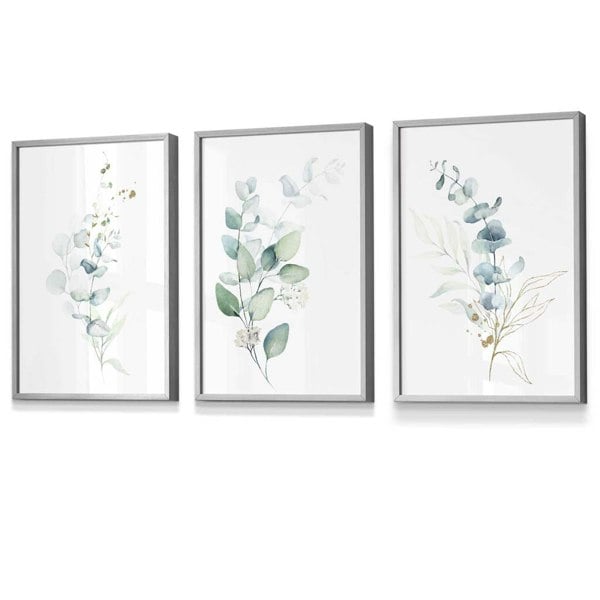 Artze Wall Art Set of 3 Framed Eucalyptus Blue Green and Gold Splash Prints