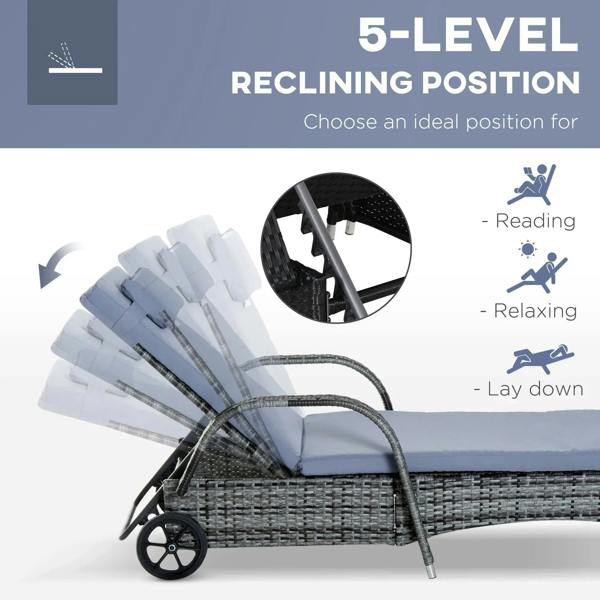 Grey rattan sun lounger with light-blue cushion showing reclining positions