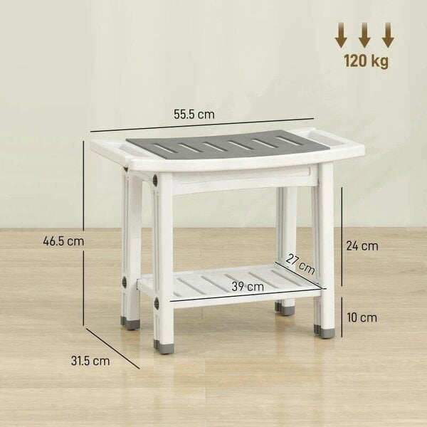 Shower Bench 2-Tier Shower Stool Bathroom with Shelf White and Grey