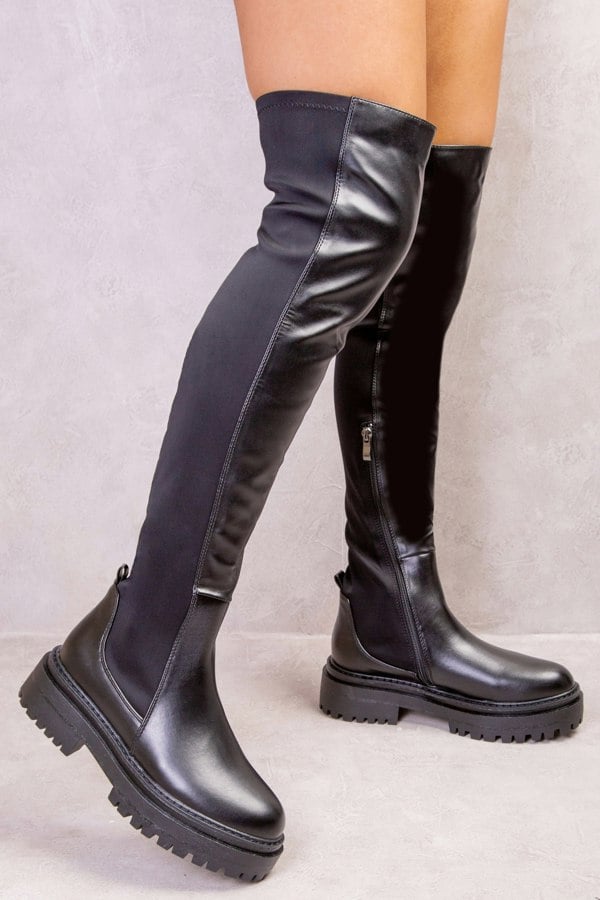 Where's That From Elena Chunky Over the Knee Strech Boot in Black Faux Leather