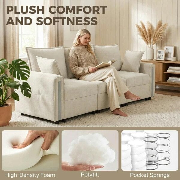 3 Seater Sofa with Lift-Up Storage, 228cm Comfy Velvet Couch with Wide Deep Seat, Beige