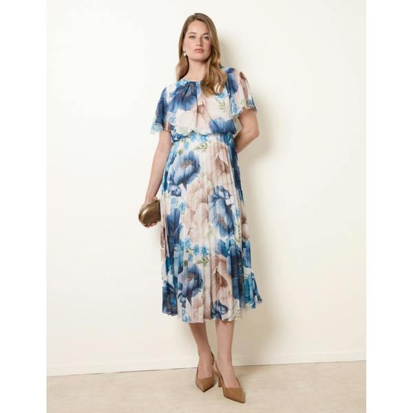 Blue Vanilla Pleated Scoop Neck Short Sleeve Floral Dress