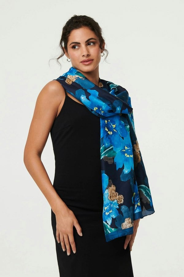 Blue | Floral Border Print Shawl Scarf
