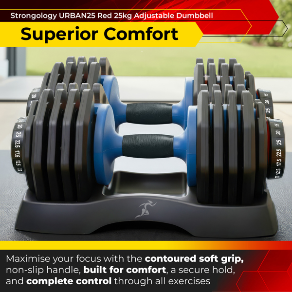 Strongology Urban25 Home Fitness Black and Blue Adjustable Smart Dumbbells from 2.5kg up to 25kg Training Weights